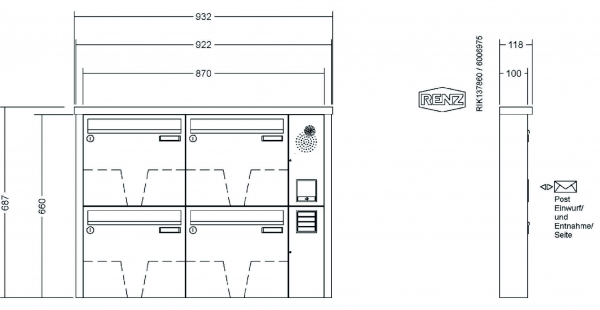 RENZ Briefkastenanlage Aufputz Tetro Kastenformat 370x330x100mm, mit Klingel - & Lichttaster und Vorbereitung Gegensprechanlage, 4-teilig